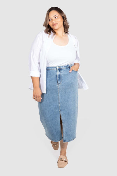 Tabitha Stretch Denim Midi Skirt - Indigo, Love Your Wardrobe, women's plus size skirts
