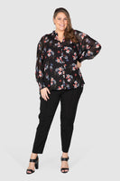 Lilly Shirred Boho Blouse - Black Botanical, Love Your Wardrobe, women's plus size shirts