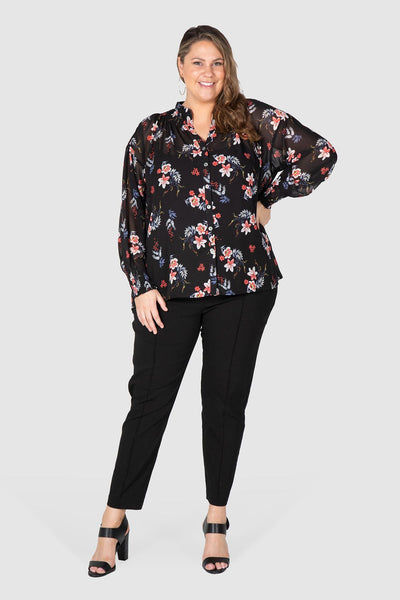 Lilly Shirred Boho Blouse - Black Botanical, Love Your Wardrobe, women's plus size shirts